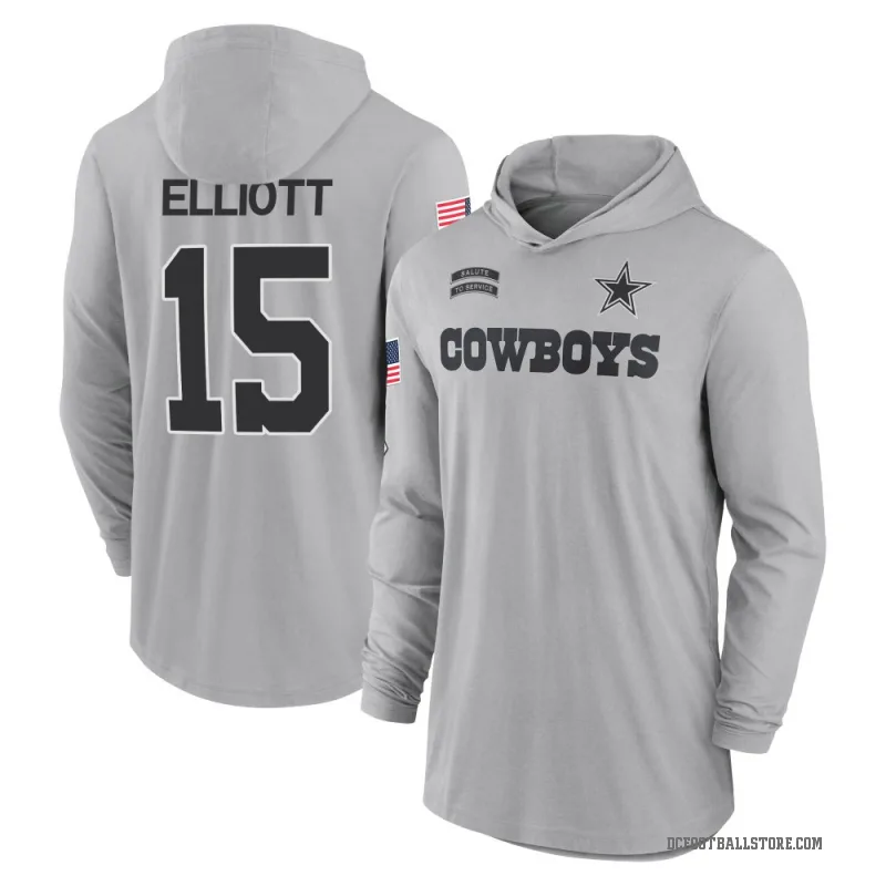 Ezekiel Elliott Youth Gray Dallas Cowboys 2024 Salute to Service Lightweight Performance Long Sleeve Hooded T-Shirt