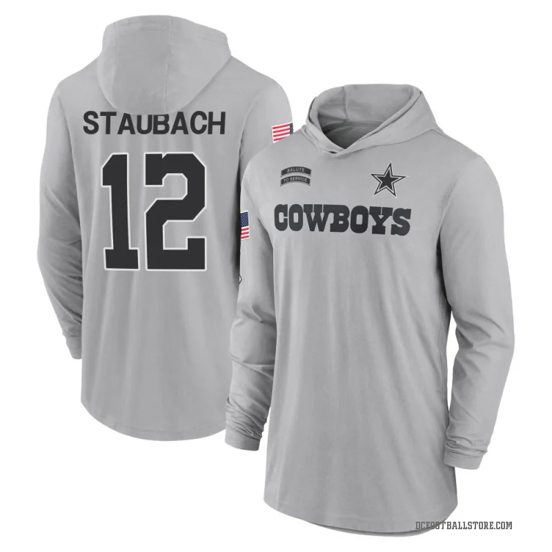 Roger Staubach Youth Gray Dallas Cowboys 2024 Salute to Service Lightweight Performance Long Sleeve Hooded T-Shirt